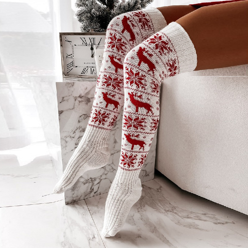 Women's Elk & Snowflake Knit Thigh-High Socks White