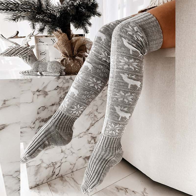 Women's Elk & Snowflake Knit Thigh-High Socks Gray