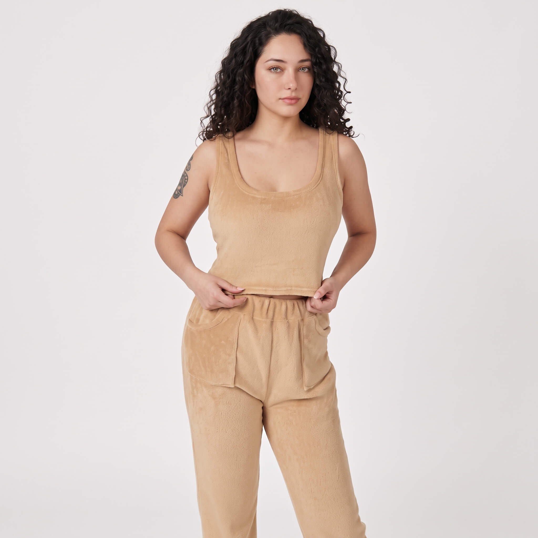 Velvethappiness Cozy 3-Piece Cute Loungewear Pajama Set for Women Camel 03