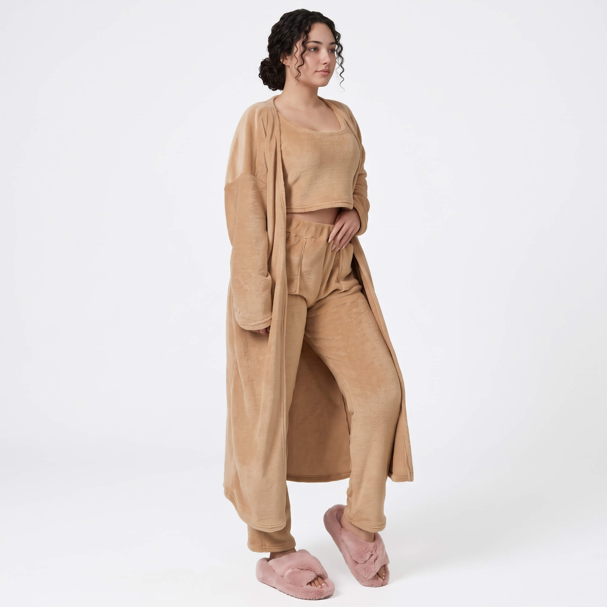 Velvethappiness Cozy 3-Piece Cute Loungewear Pajama Set for Women Camel 04