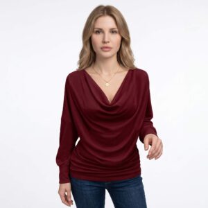 Velvethappiness Women's Relaxed Fit V-Neck Knit Long Sleeve Top Wine Red 01
