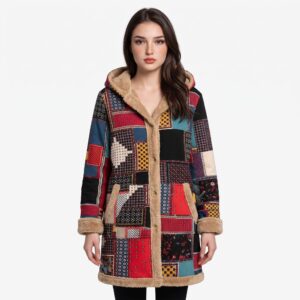 Women’s Boho Patchwork Fleece-Lined Hooded Coat