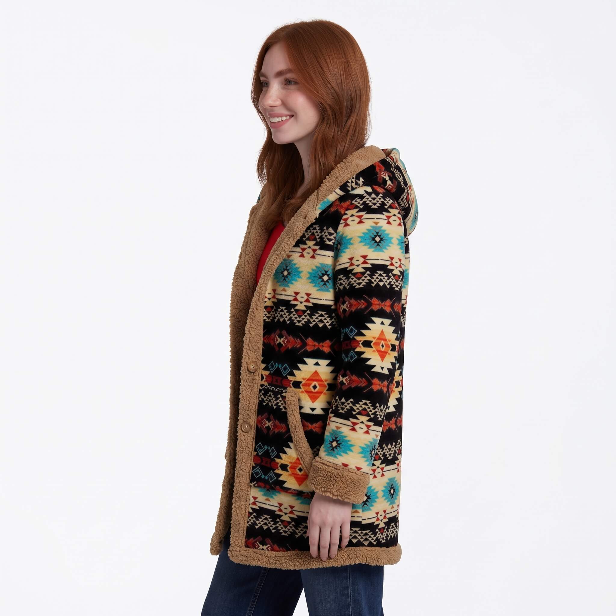 Women’s Boho Patchwork Fleece-Lined Hooded Coat Brown 01