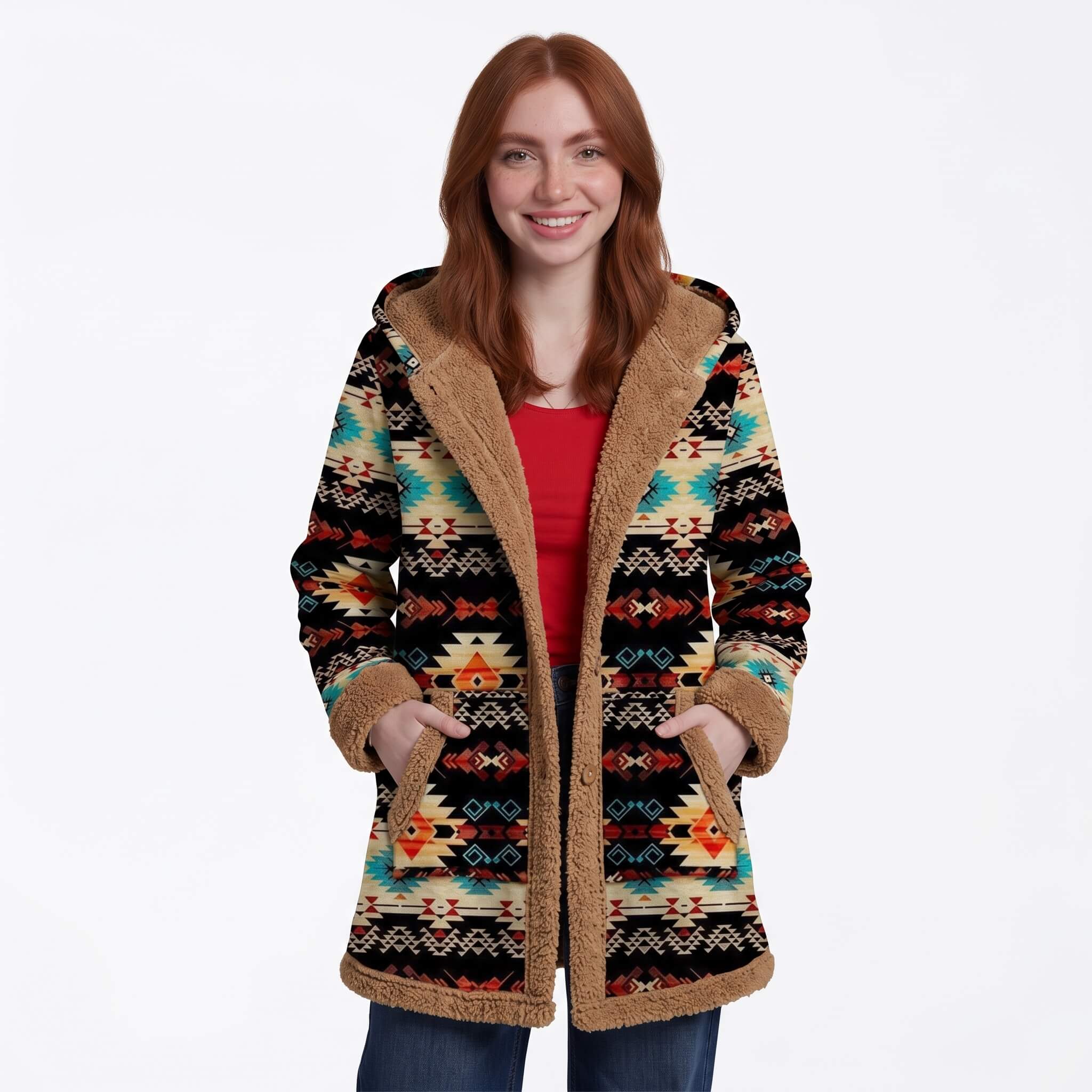 Women’s Boho Patchwork Fleece-Lined Hooded Coat Brown