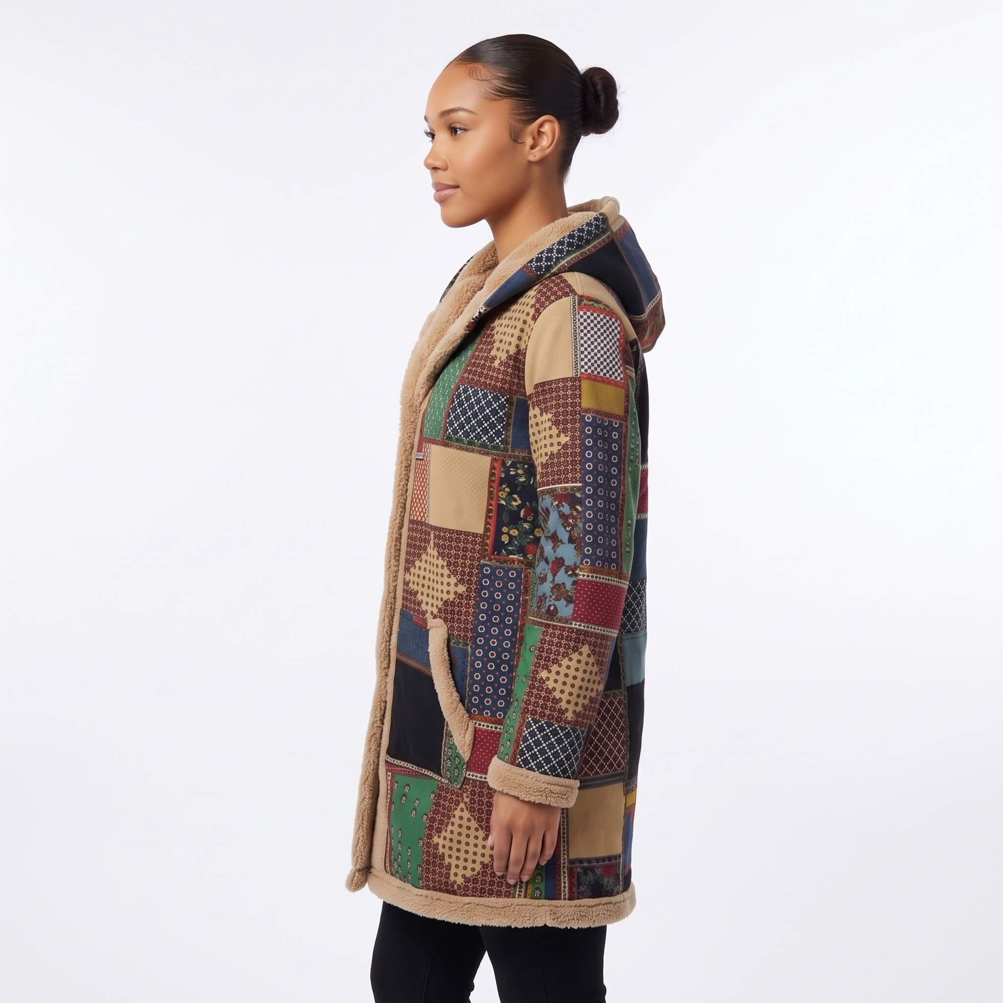 Women's Boho Patchwork Fleece-Lined Hooded Coat - Image 12