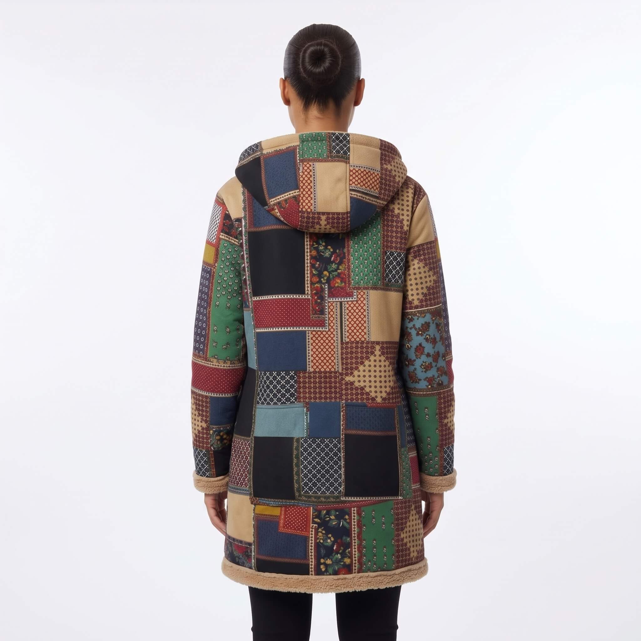 Women's Boho Patchwork Fleece-Lined Hooded Coat - Image 11