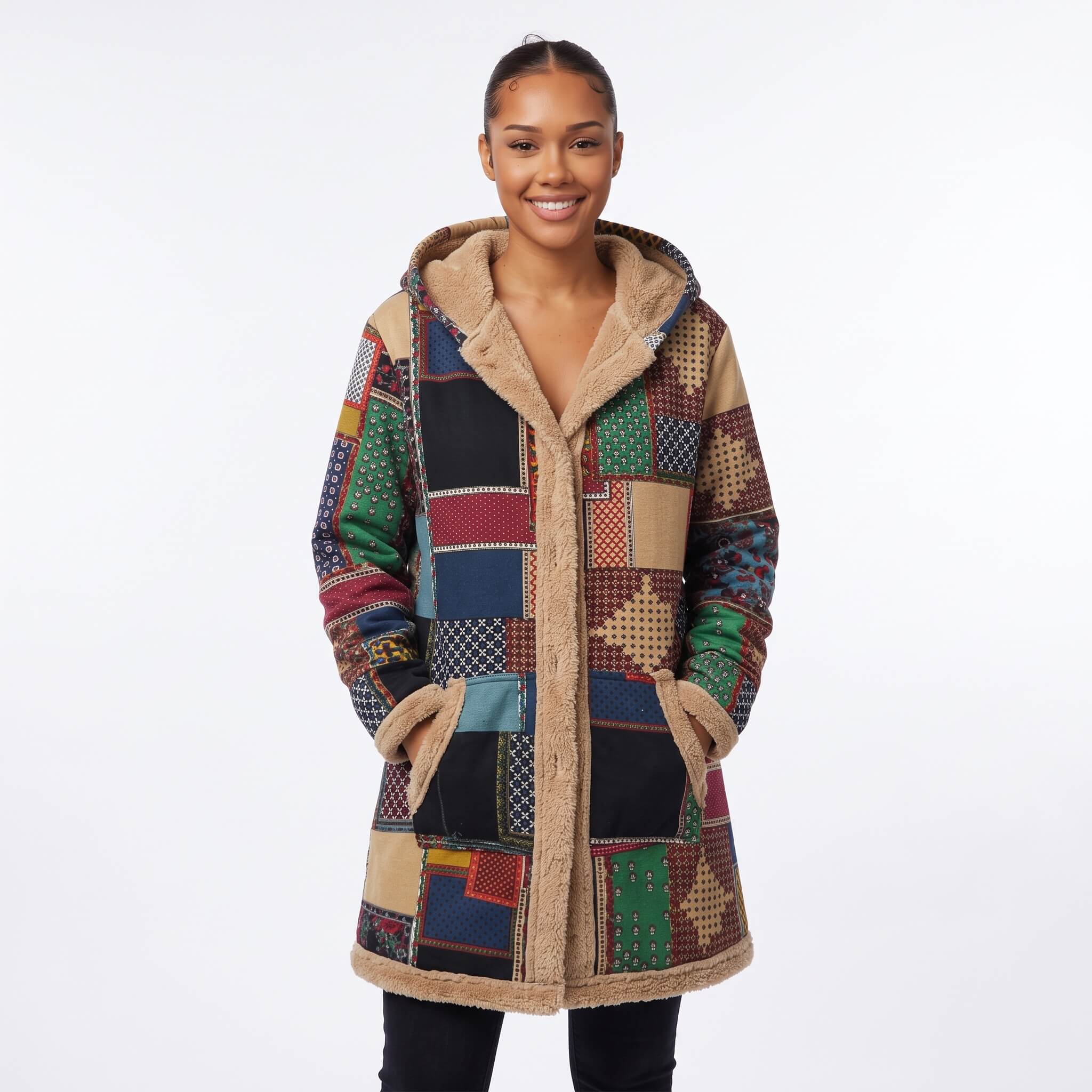 Women's Boho Patchwork Fleece-Lined Hooded Coat - Image 10