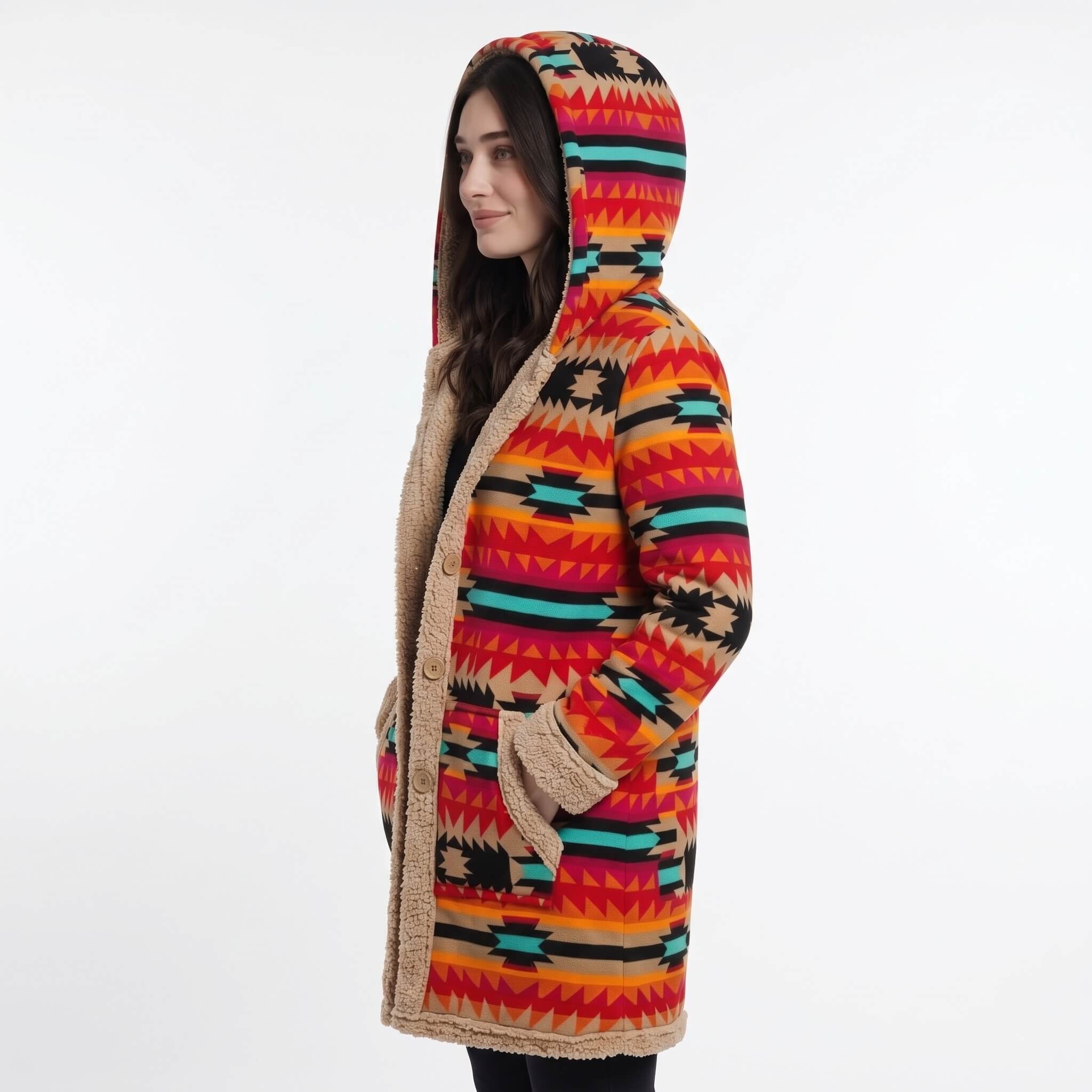 Women’s Boho Patchwork Fleece-Lined Hooded Coat Orange Red 01