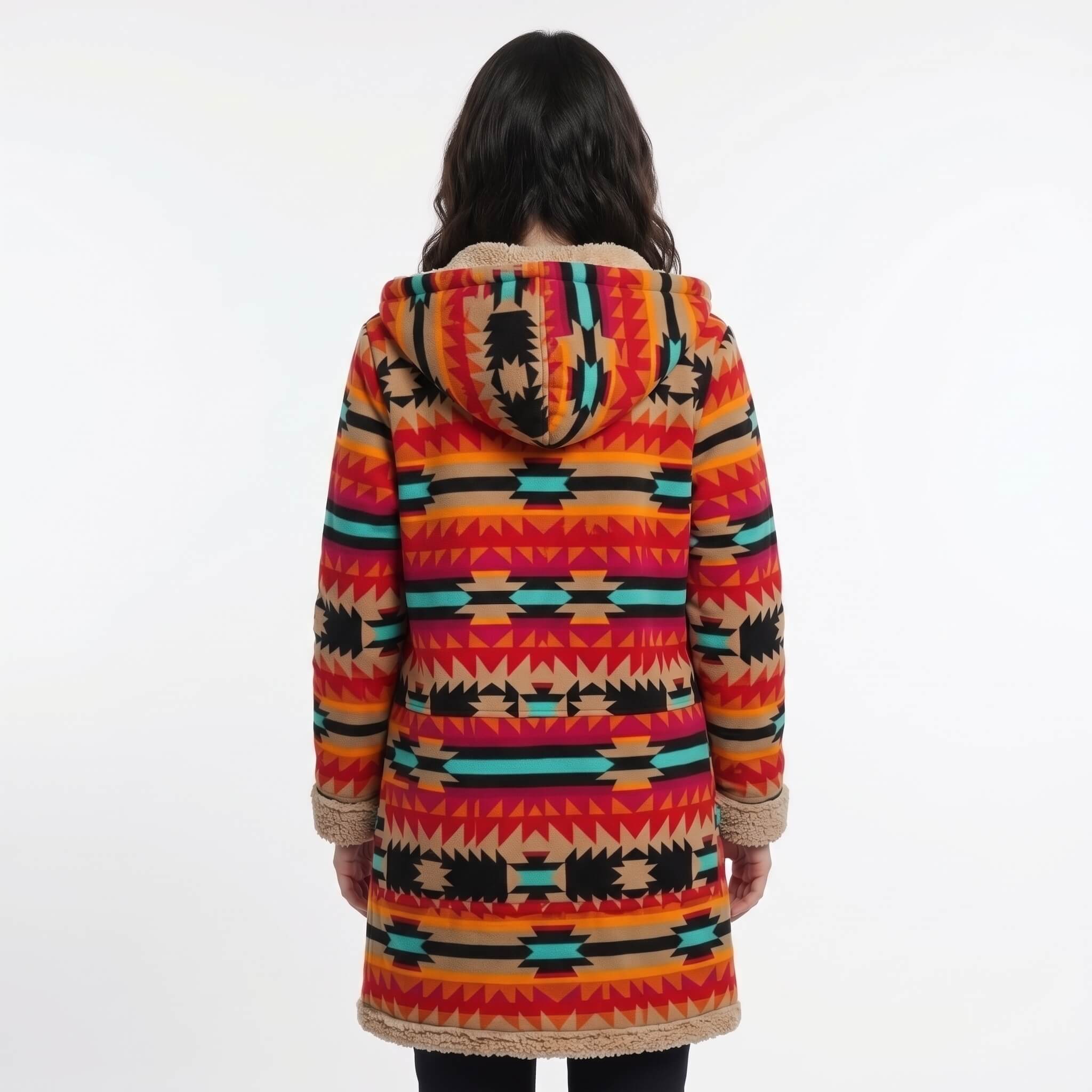 Women’s Boho Patchwork Fleece-Lined Hooded Coat Orange Red 02