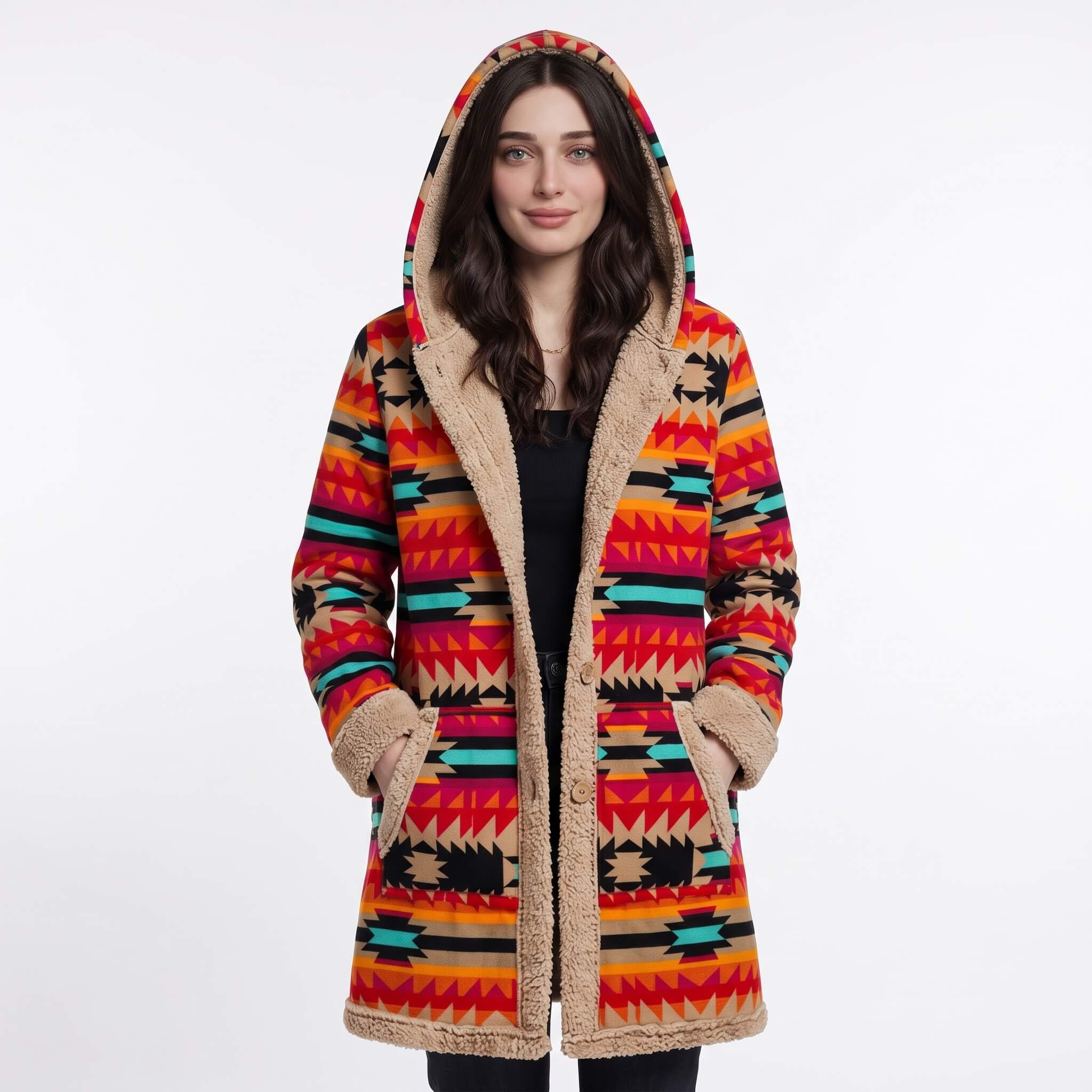 Women’s Boho Patchwork Fleece-Lined Hooded Coat Orange Red