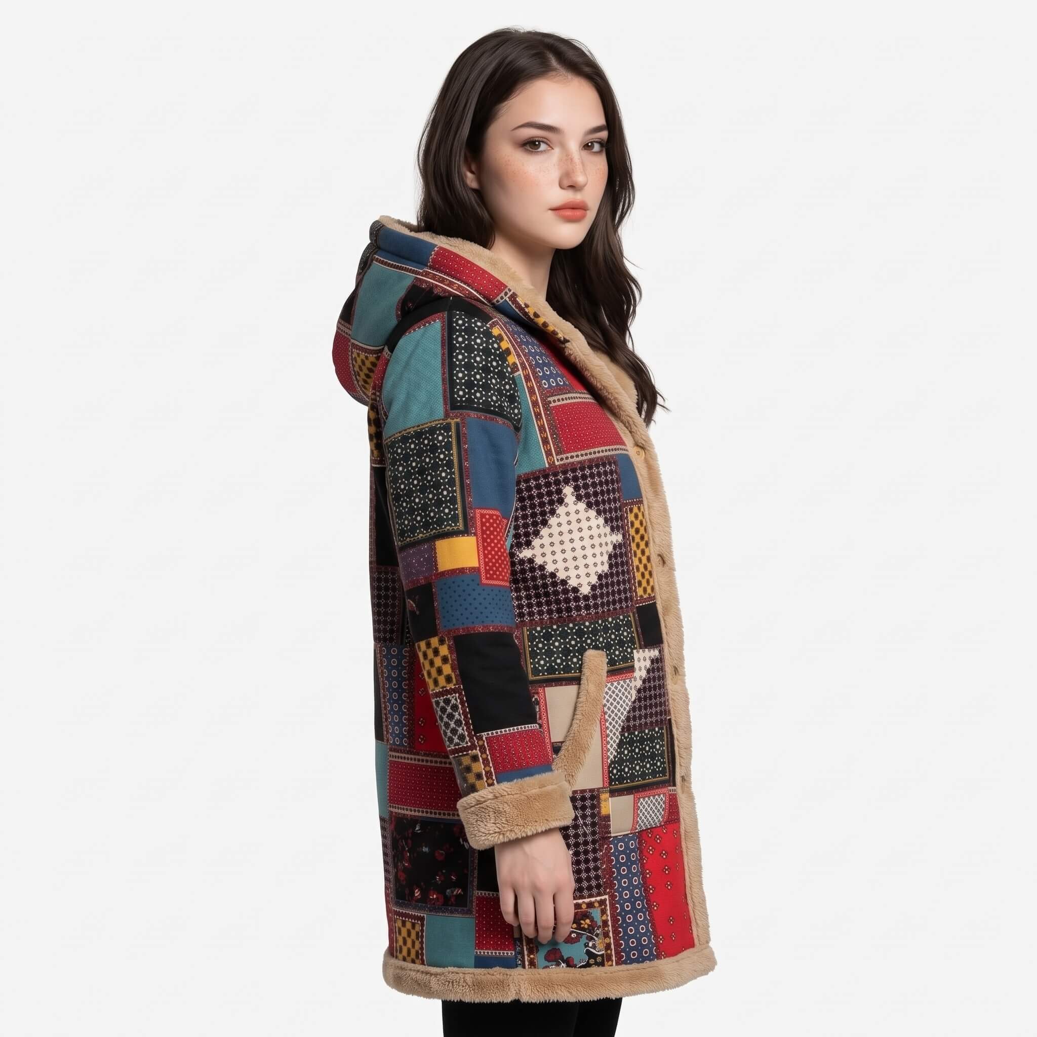 Women's Boho Patchwork Fleece-Lined Hooded Coat - Image 2