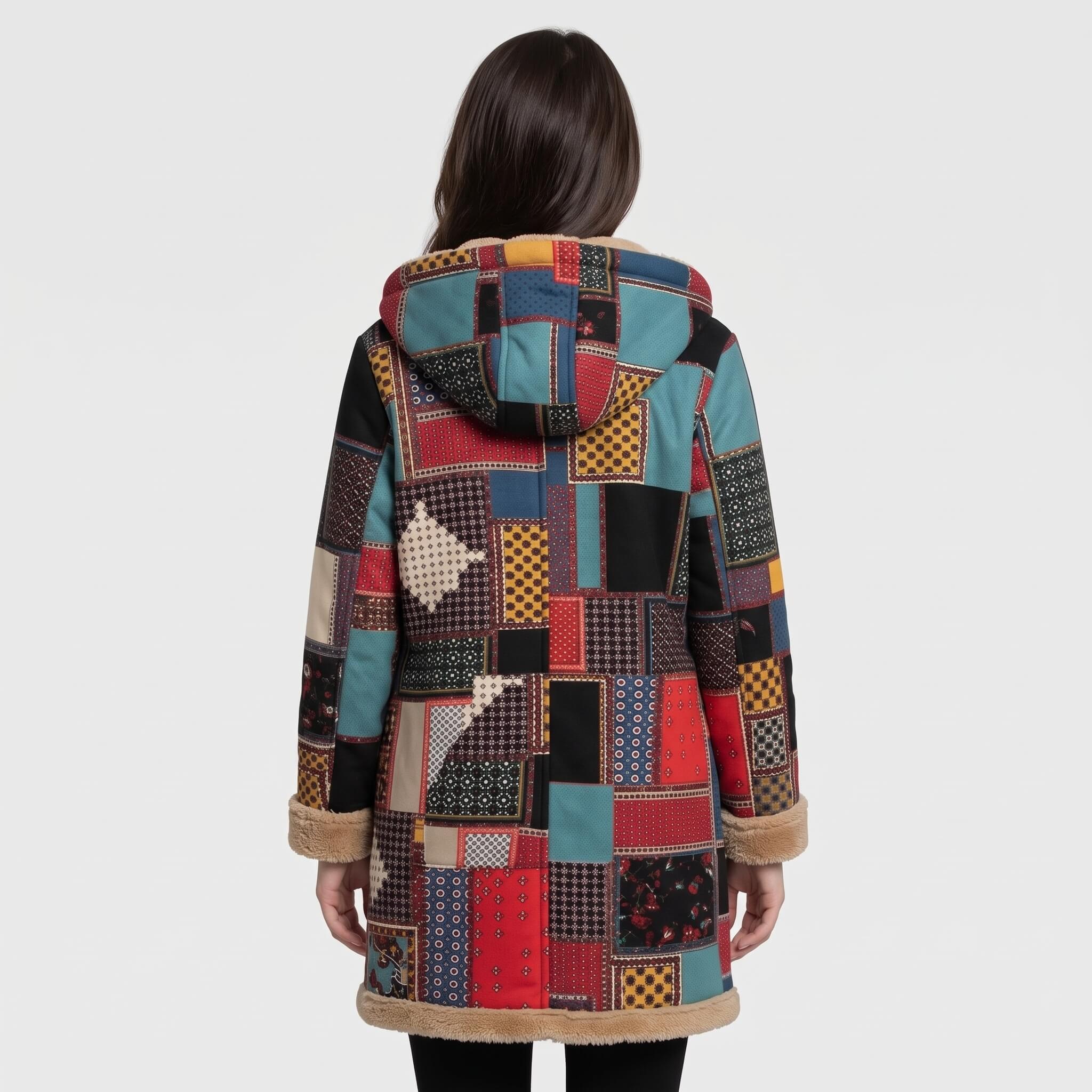 Women’s Boho Patchwork Fleece-Lined Hooded Coat Red 02