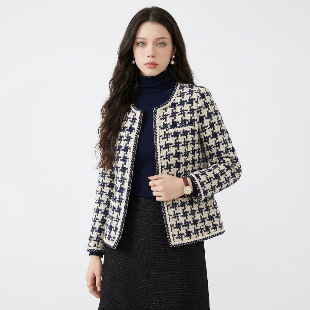 Women's Classic Houndstooth Tweed-Style Jacket
