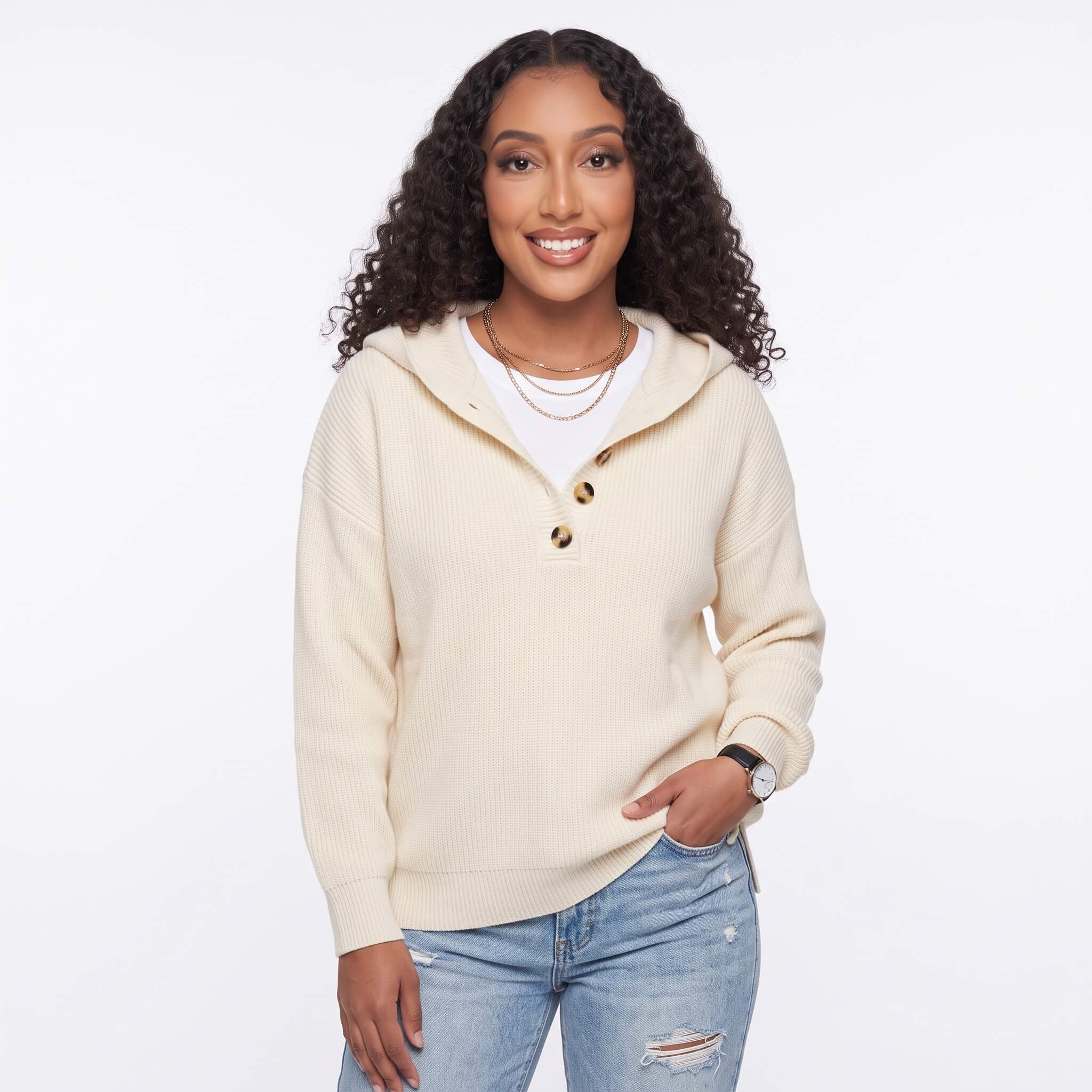 Women's Knit Hooded Henley Sweater