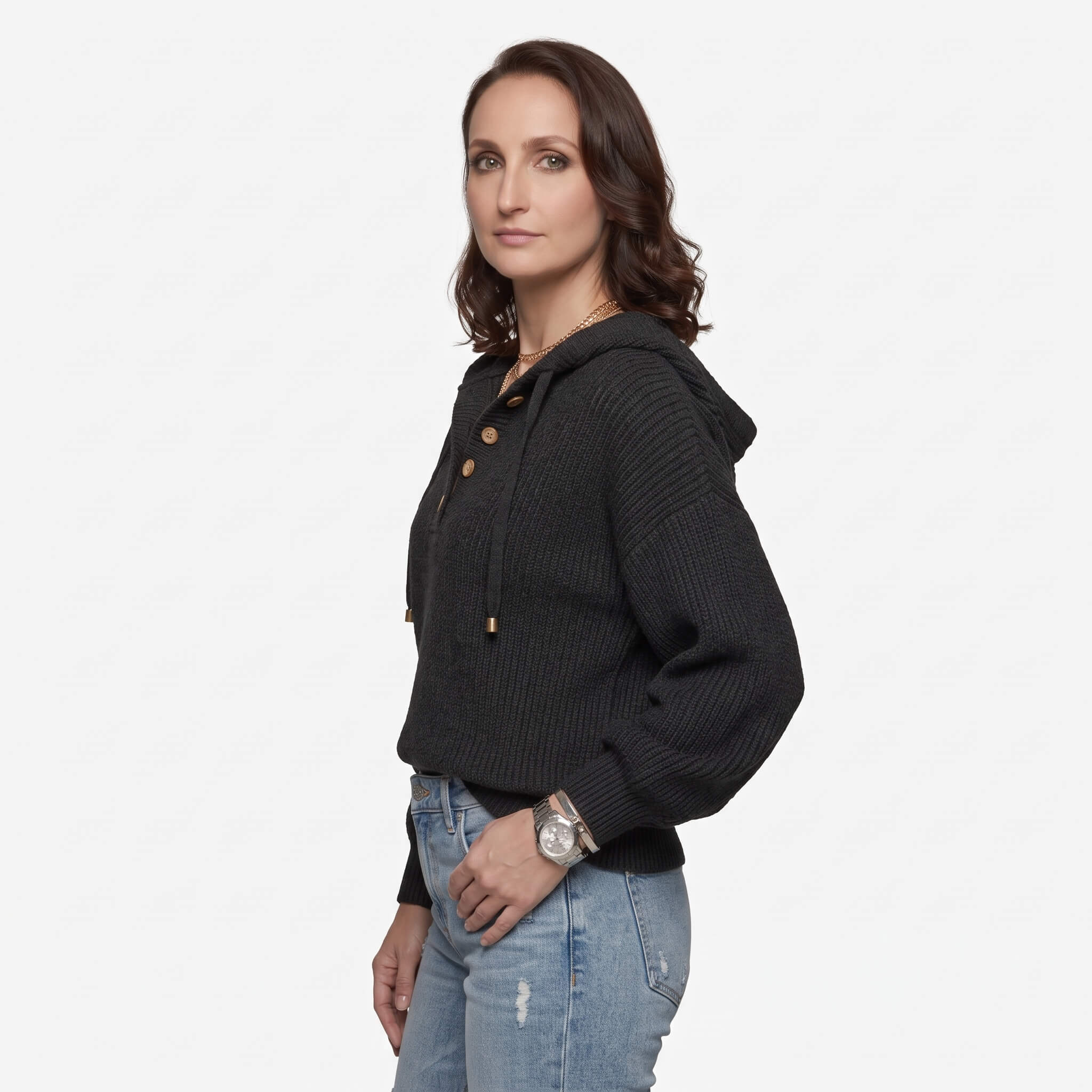 Women's Knit Hooded Henley Sweater - Image 5