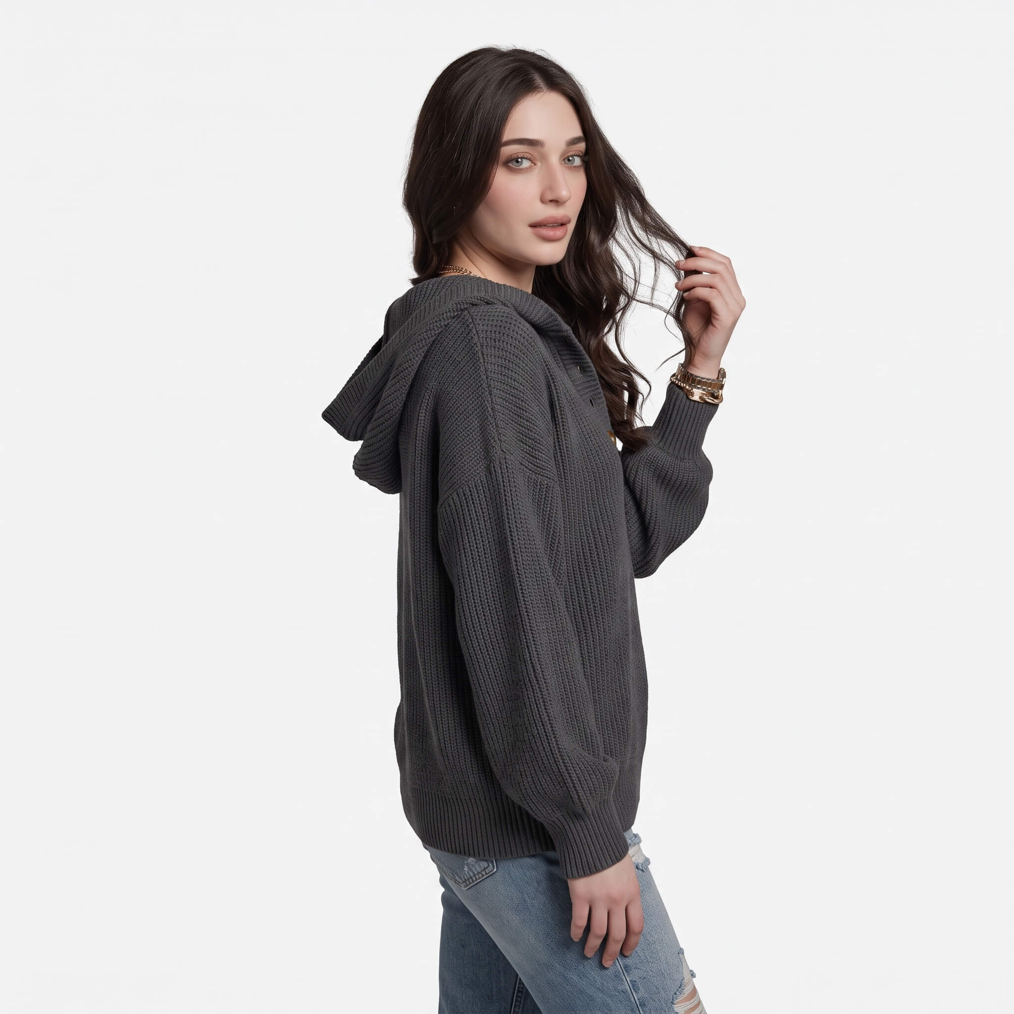 Women's Knit Hooded Henley Sweater - Image 8