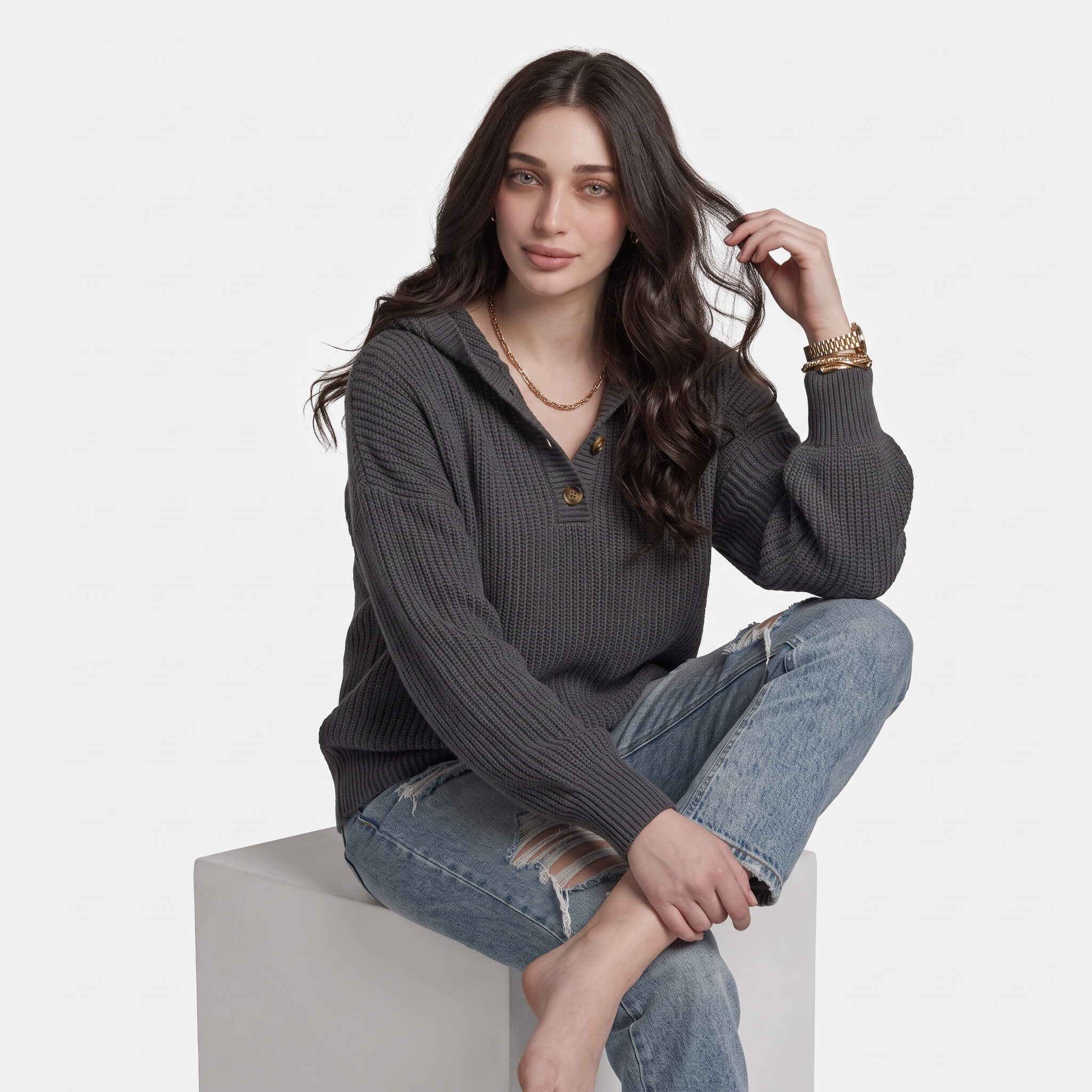 Women's Knit Hooded Henley Sweater - Image 7