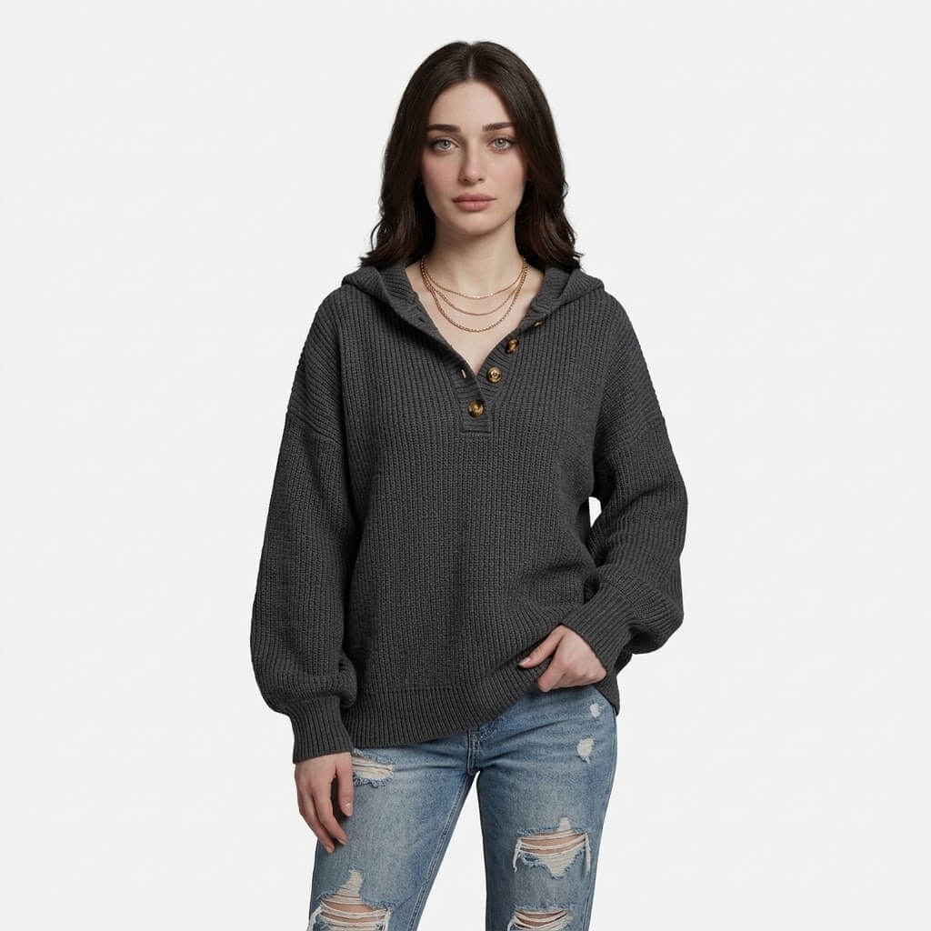 Women's Knit Hooded Henley Sweater - Image 6