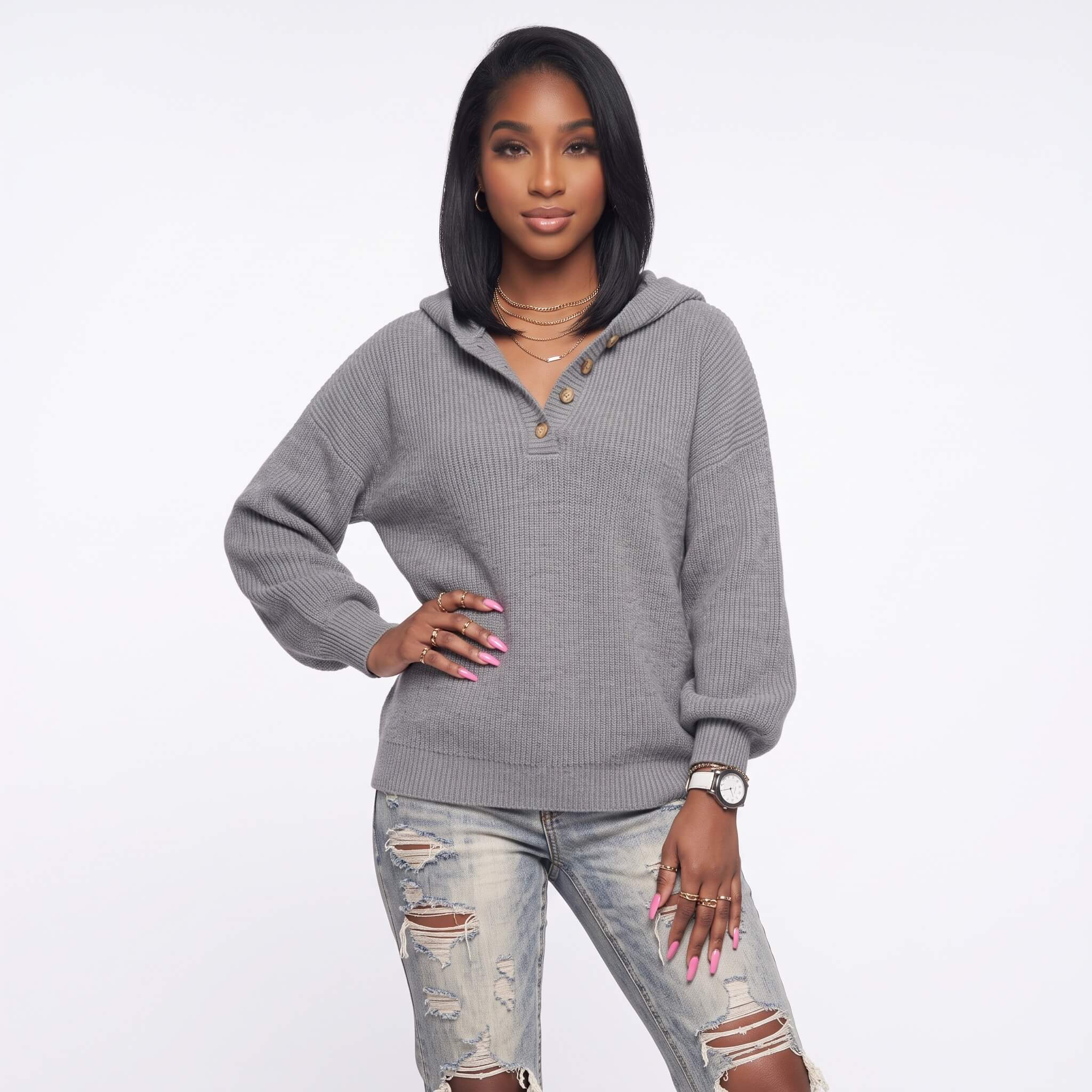 Women's Knit Hooded Henley Sweater - Image 9