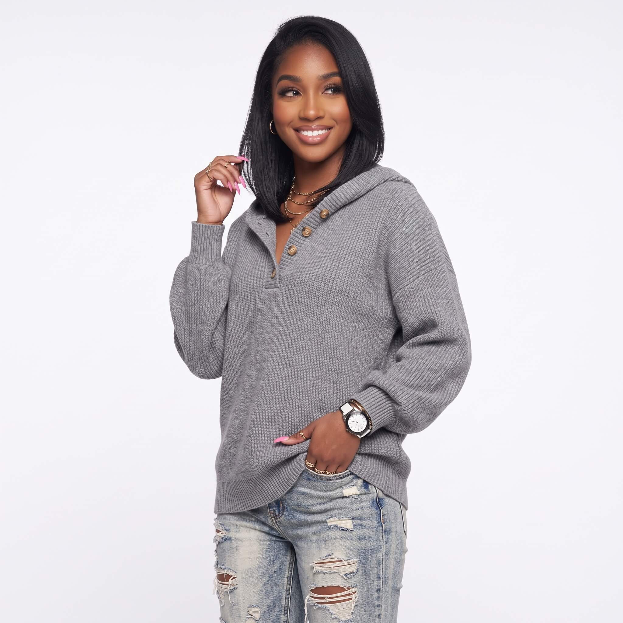 Women's Knit Hooded Henley Sweater - Image 10