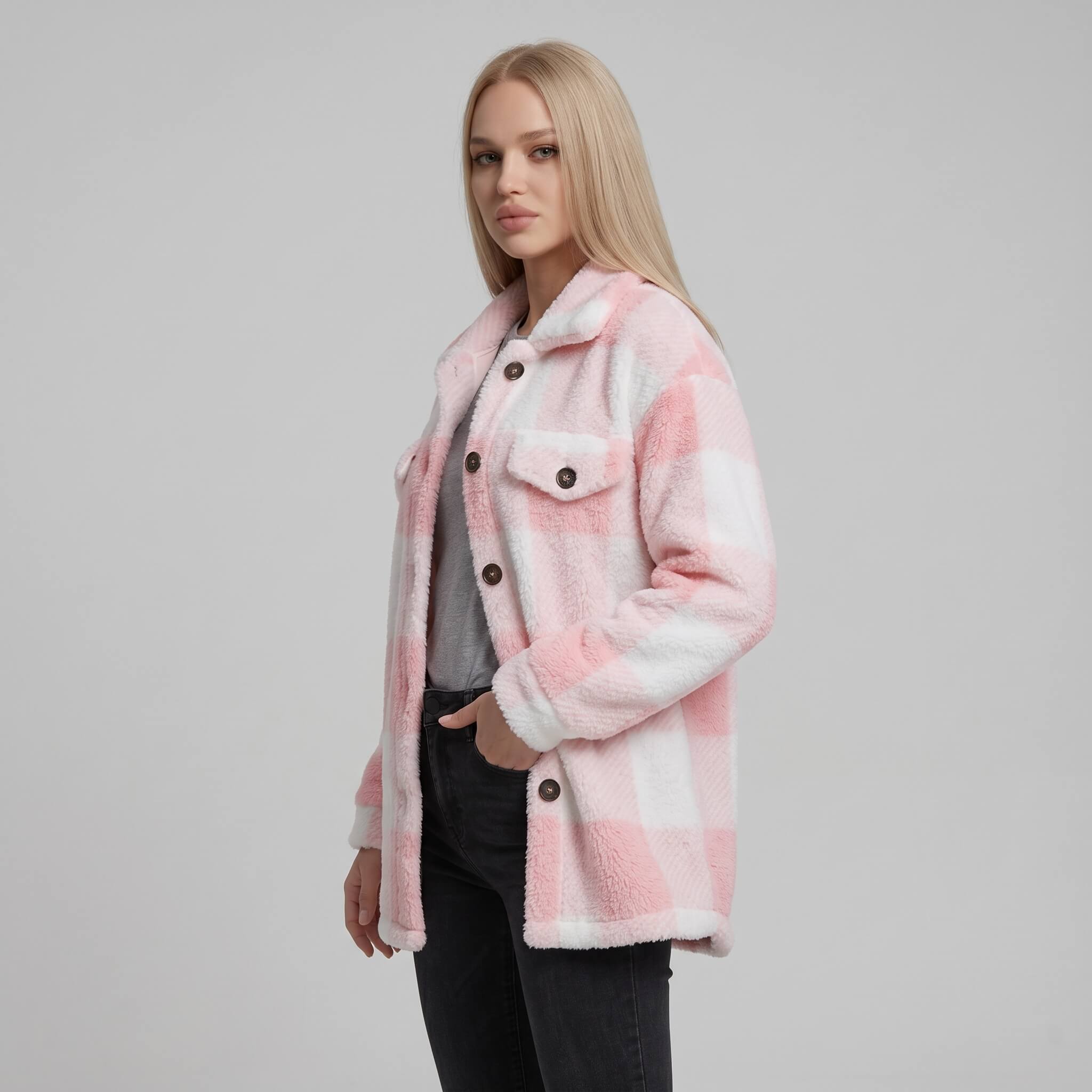 Women's Plaid Teddy Fleece Shacket - Image 4