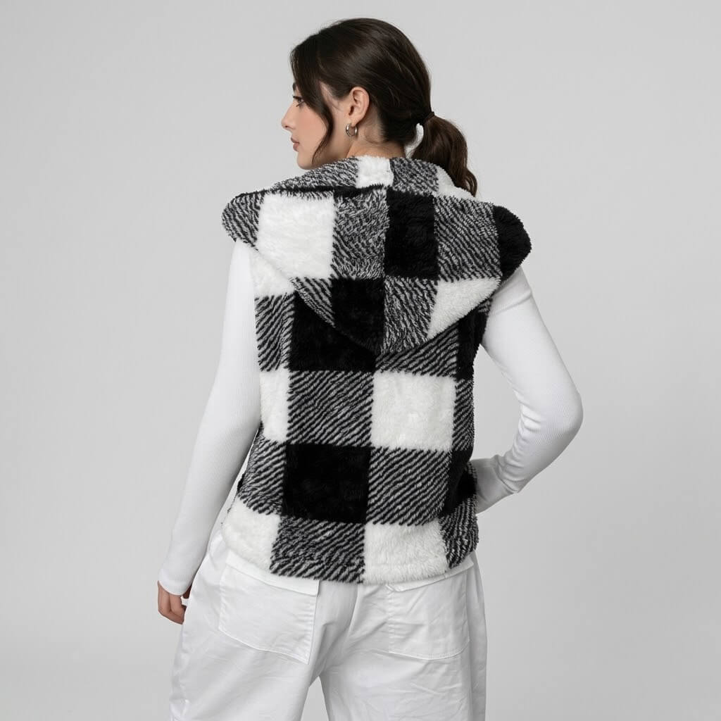 Women's Plaid Teddy Hooded Vest Back