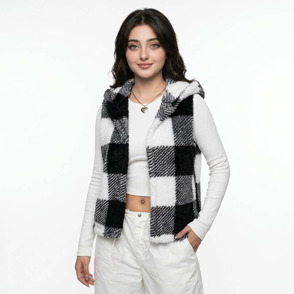 Women's Plaid Teddy Hooded Vest