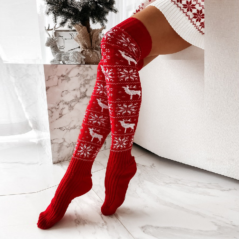 Women's Elk & Snowflake Knit Thigh-High Socks Red