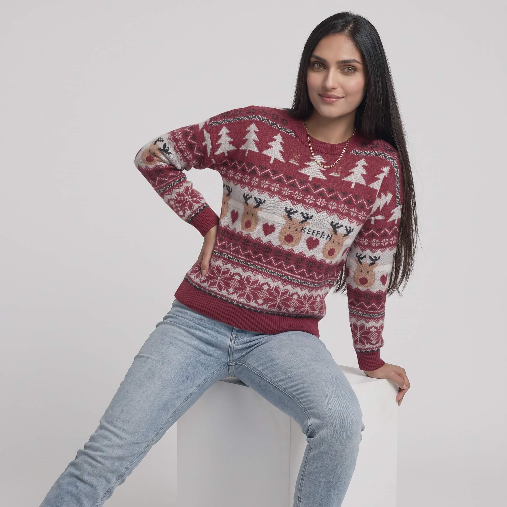 Women's Reindeer & Tree Knit Christmas Sweater - Image 4
