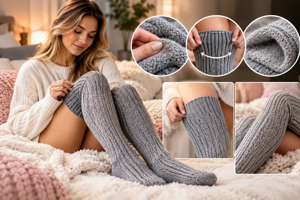 Woman wearing soft thigh high knit socks with a close-up of the comfortable stretchy knit texture