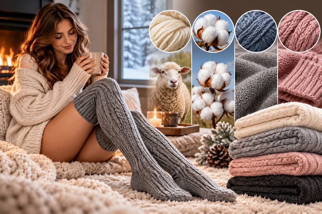 Thigh high knit socks showing different materials and textures for warmth and comfort